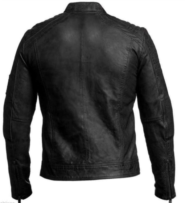 Retro Cafe Racer Leather Jacket Black - Image 2