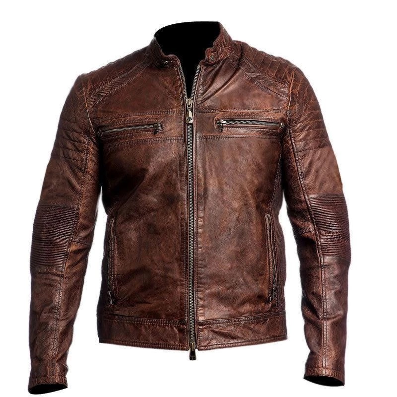 Retro Cafe Racer Leather Jacket Coffee Brown
